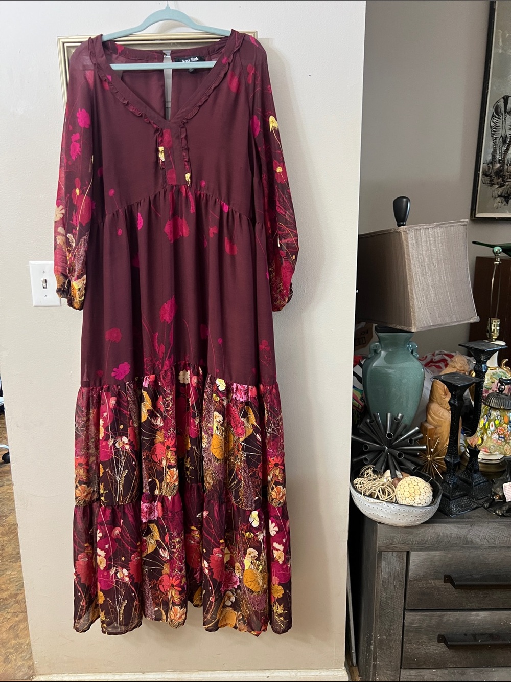 Arna York Dress Women 16 Burgundy Floral Lined Date Church Peasant Hippie tiered